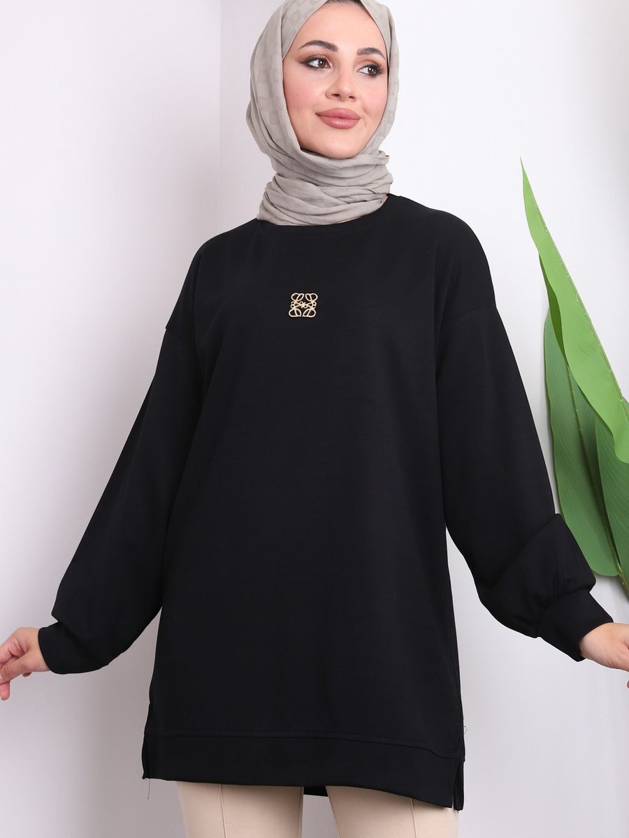 İmajbutik Siyah Aksesuarlı Modal İki İplik Tunik