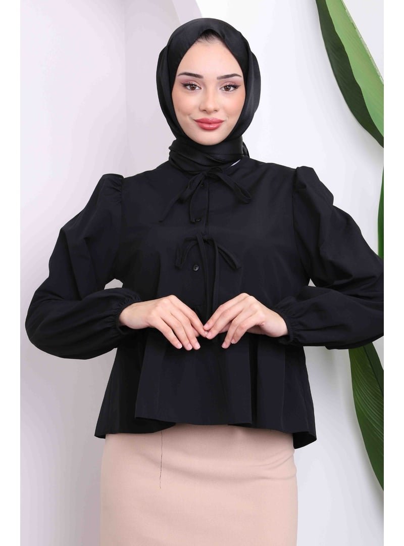 İmaj Butik Siyah Yaka Bağlamalı Kol Lastikli Gömlek