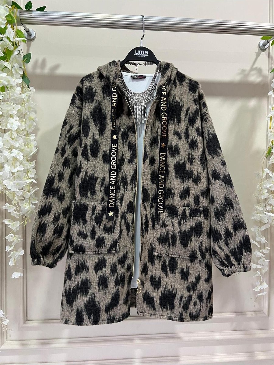 Yedilale Leopar Desen Kaşe Kaban