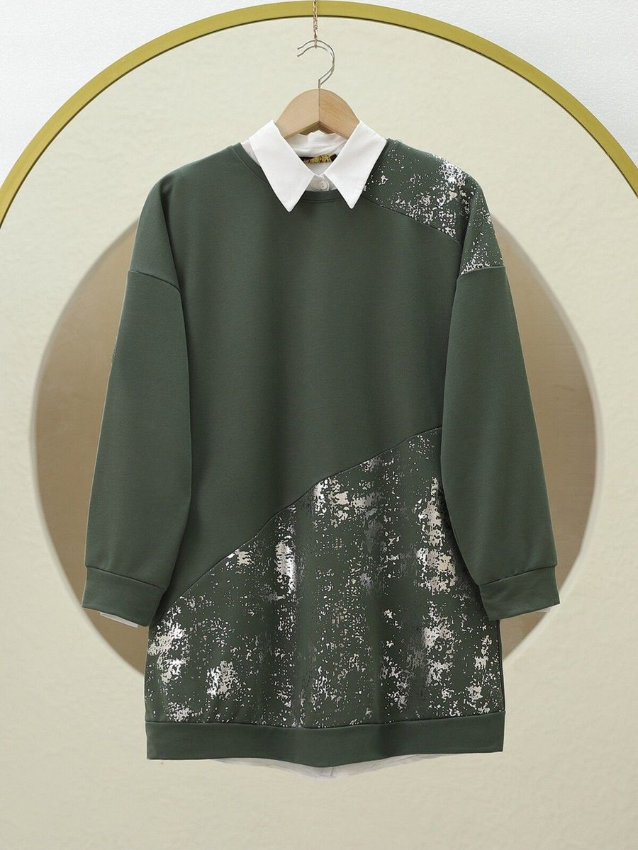 Lucia Fashion Varak Baskılı Parçalı Bisiklet Yaka Tunik