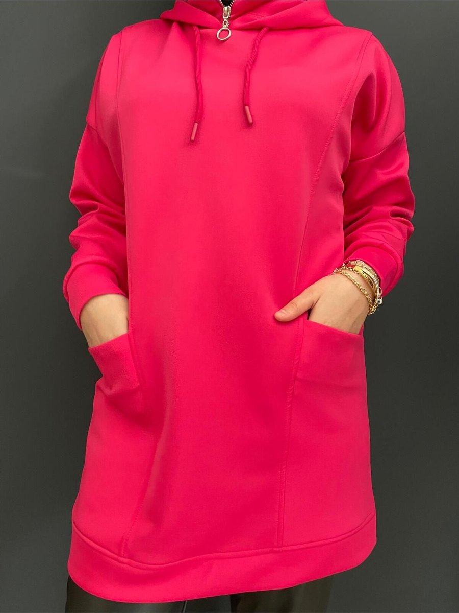 Mihributik Fuşya Kapüşonlu Çepli Scuba Sweatshirt