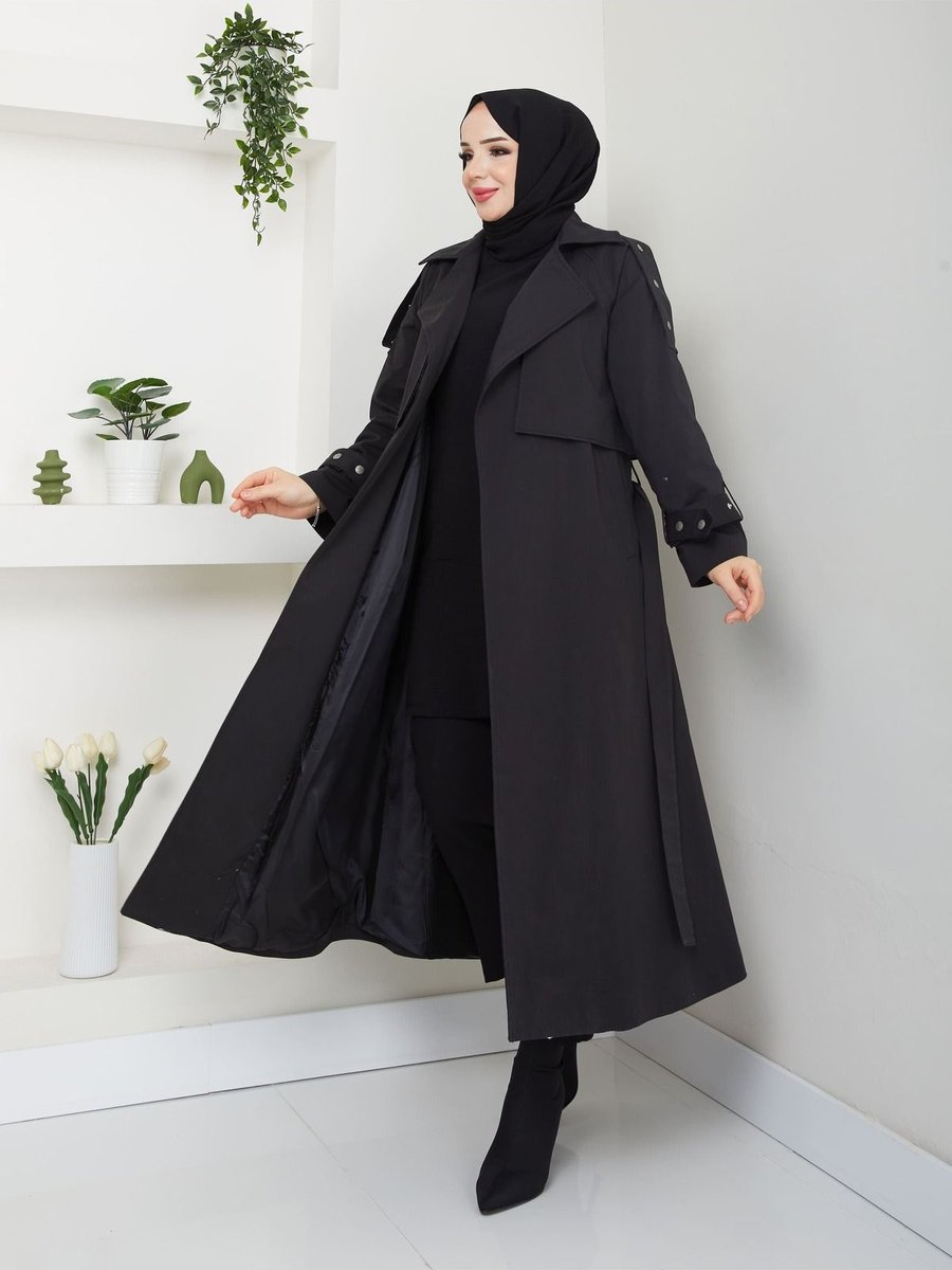 Moda Elsare Siyah Trençkot Pamuk Gabardin Astarlı Uzun Kemerli