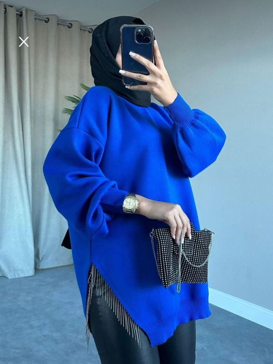Sfg Life Moda Testtür Giyim Bisiklet Yaka Yırtmaç Taşlı Balon Kollu Oversize Triko Tunik