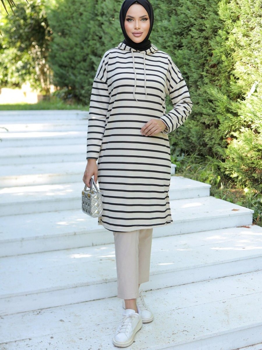 Demybutiqe Kapüşonlu Çizgili Tunik Sweatshirt Siyah