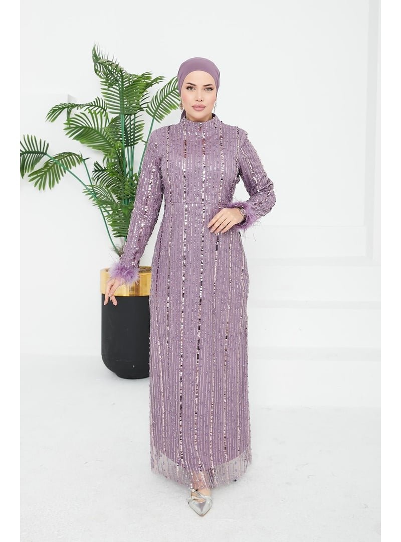 Hakimoda Lila Luana Boncuklu Abiye Elbise