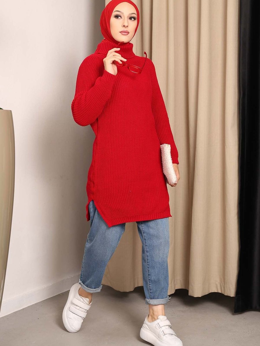 İmajbutik Bordo Boğazlı Yaka Yırtmaçlı Triko Tunik