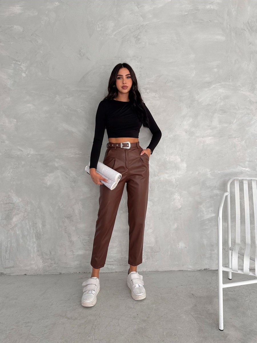 Winmoda Kemerli Pantolon Suni Pantolon/ Kadın Deri Pantolon