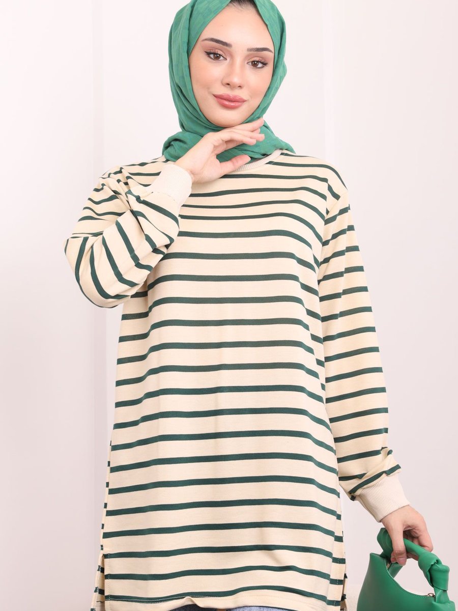 İmajbutik Zümrüt Yeşili Bisiklet Yaka Çizgili Tunik