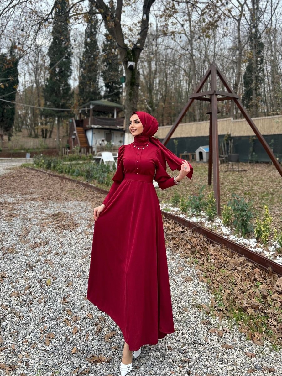 Enka Butik Şila Önü Boncuk Detaylı Balon Kol Tesettür Elbise