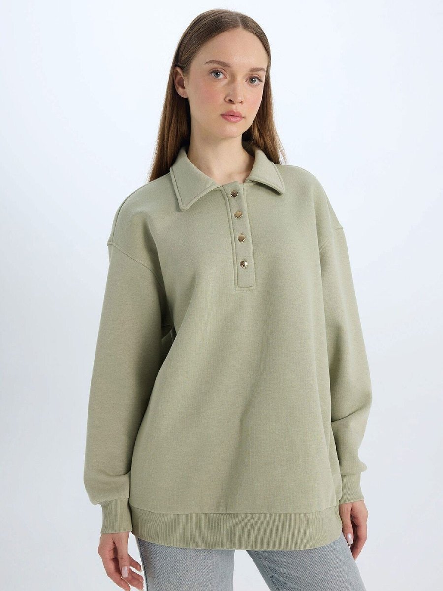 Defacto Regular Fit Polo Yaka İçi Yumuşak Tüylü Kalın Kumaş Sweatshirt Tunik D1600ax24au