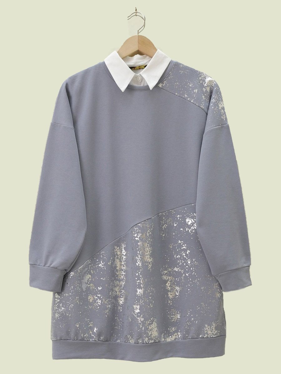 Lucia Fashion Varak Baskılı Parçalı Bisiklet Yaka Tunik