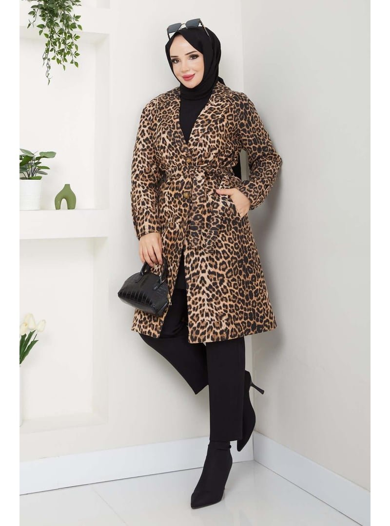 Benguen Leopar Baskılı Kaşe Kaban