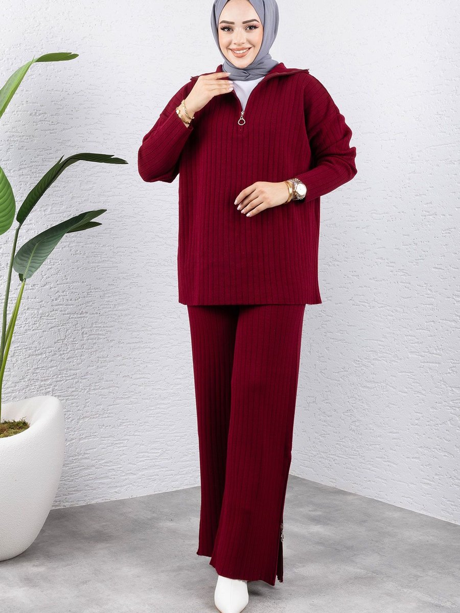 Tesettür Dünyası Fermuarlı Triko Takım Bordo