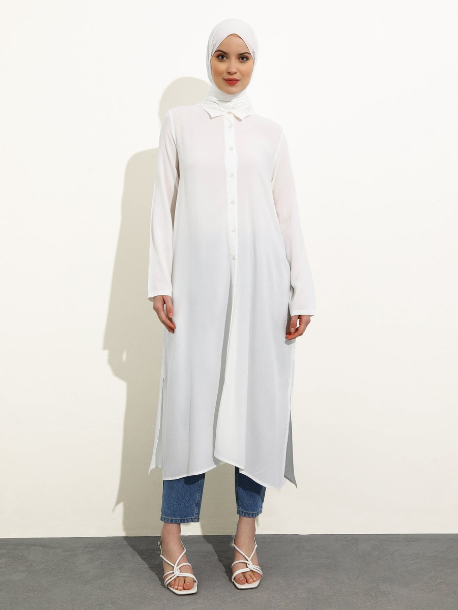 Refka Yanları Yırtmaçlı Uzun Boy Viskon Tunik Off White