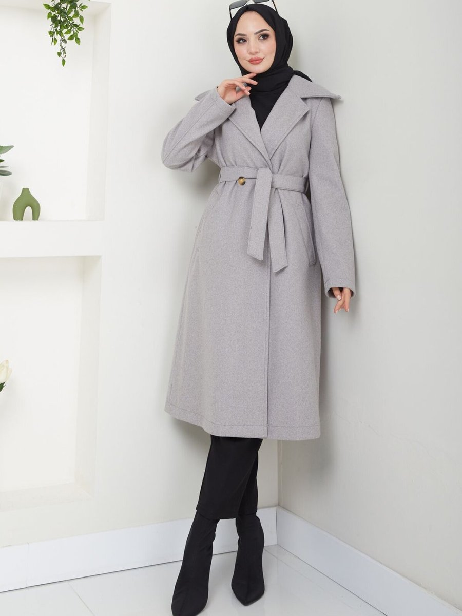 VOLT CLOTHİNG Gri Şal Yaka Düğmeli Kuşaklı Kaşe Kaban