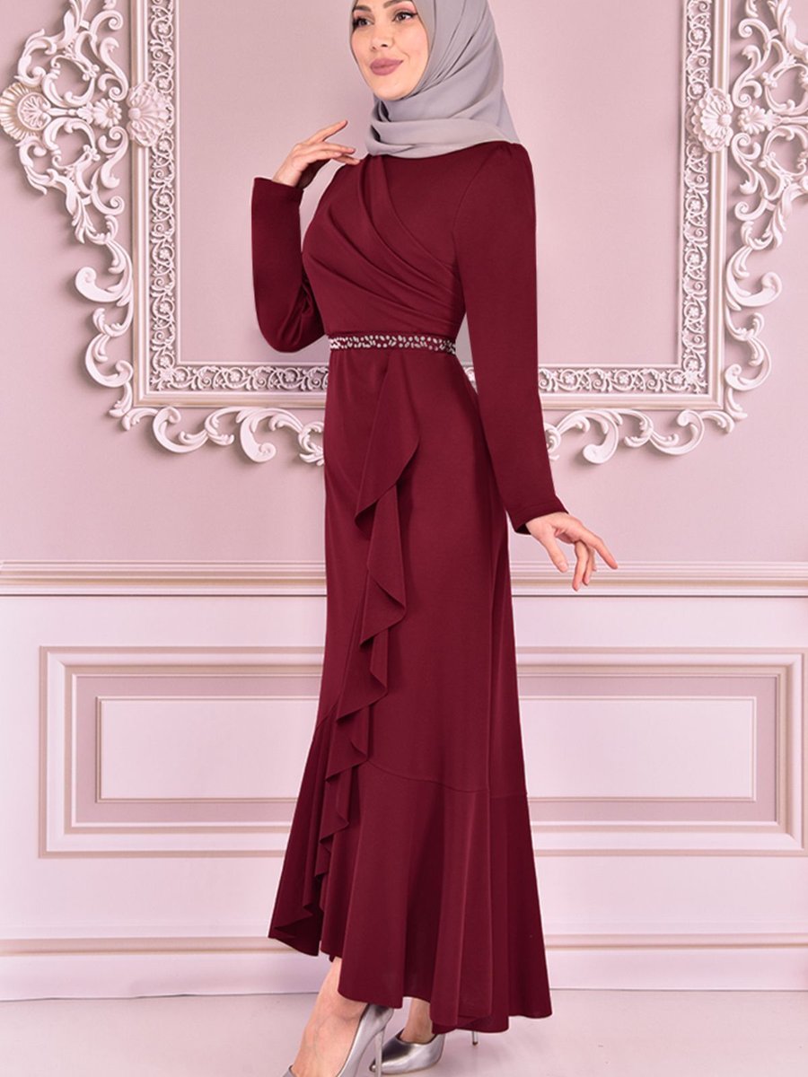 Ayşe Melek Giyim Moda Eteği Volanlı Kemeri Taşlı Abiye Elbise Bordo