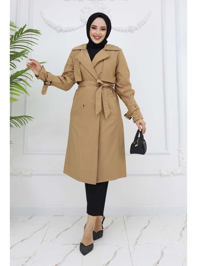 Benguen Camel Bel Ve Kol Kemerli Çizgili Trençkot