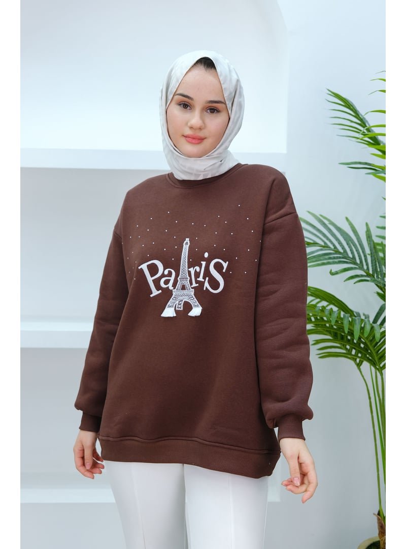 Locco Moda Kahverengi Taş Ve Nakış Detaylı Oversize Sweat