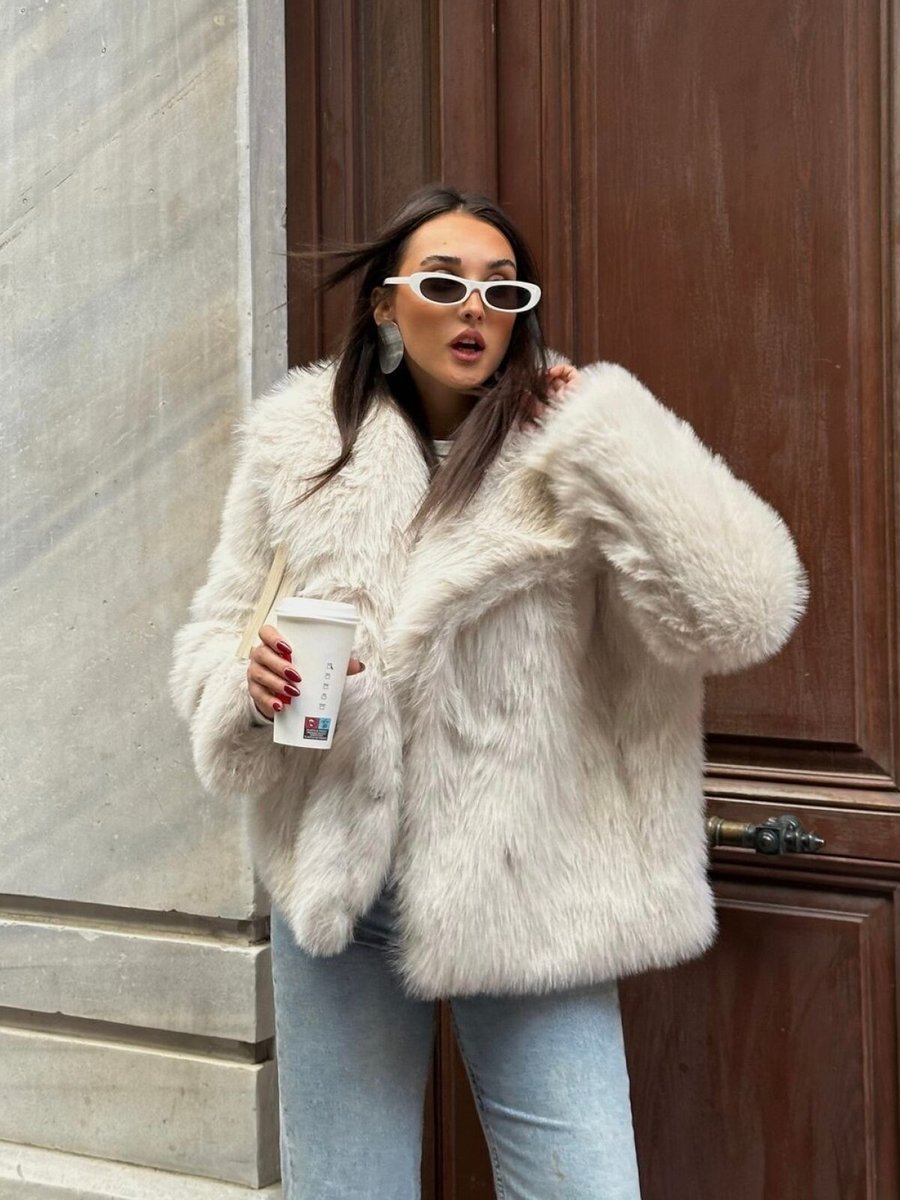Ada Style Krem Yumuşak Dokunuşlu Oversize Premium Kürk Peluş Mont