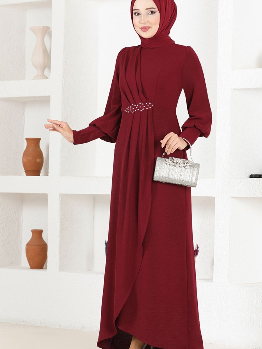 Ayşe Melek Giyim Moda Taşlı Uzun Günlük Abiye Elbise Bordo