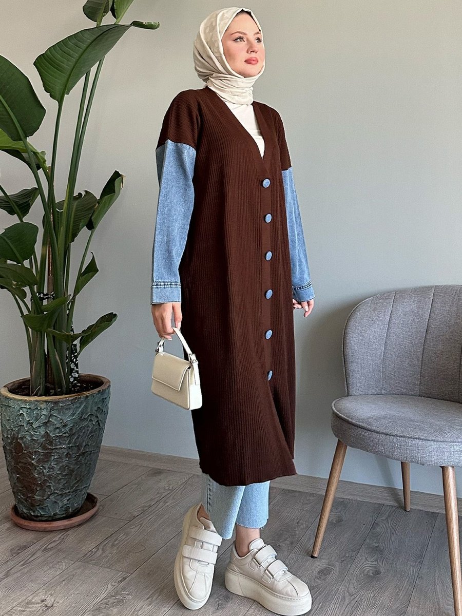 Instyle Kolları Kot Detaylı Acı Kahve Triko Hırka