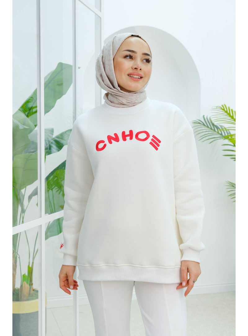 Locco Moda Beyaz Nakış Detaylı Oversize Sweat