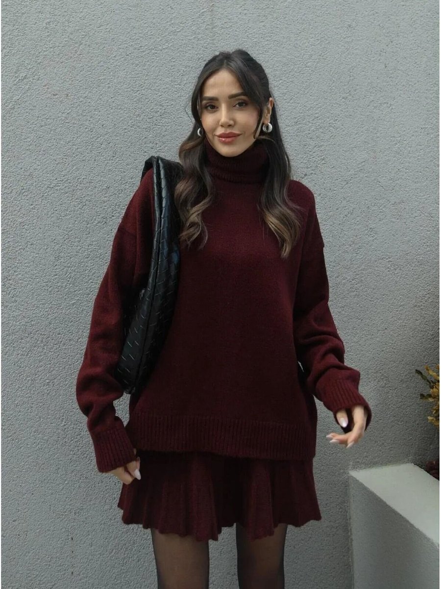 VOLT CLOTHİNG Bordo Pileli Mini Etek Balıkçı Kazak Alt Üst Triko Takım