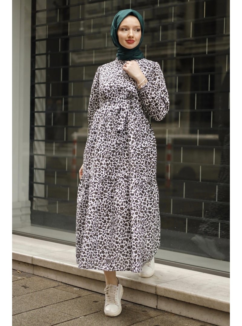 GİZCE Emla Leopar Desen Haki Elbise