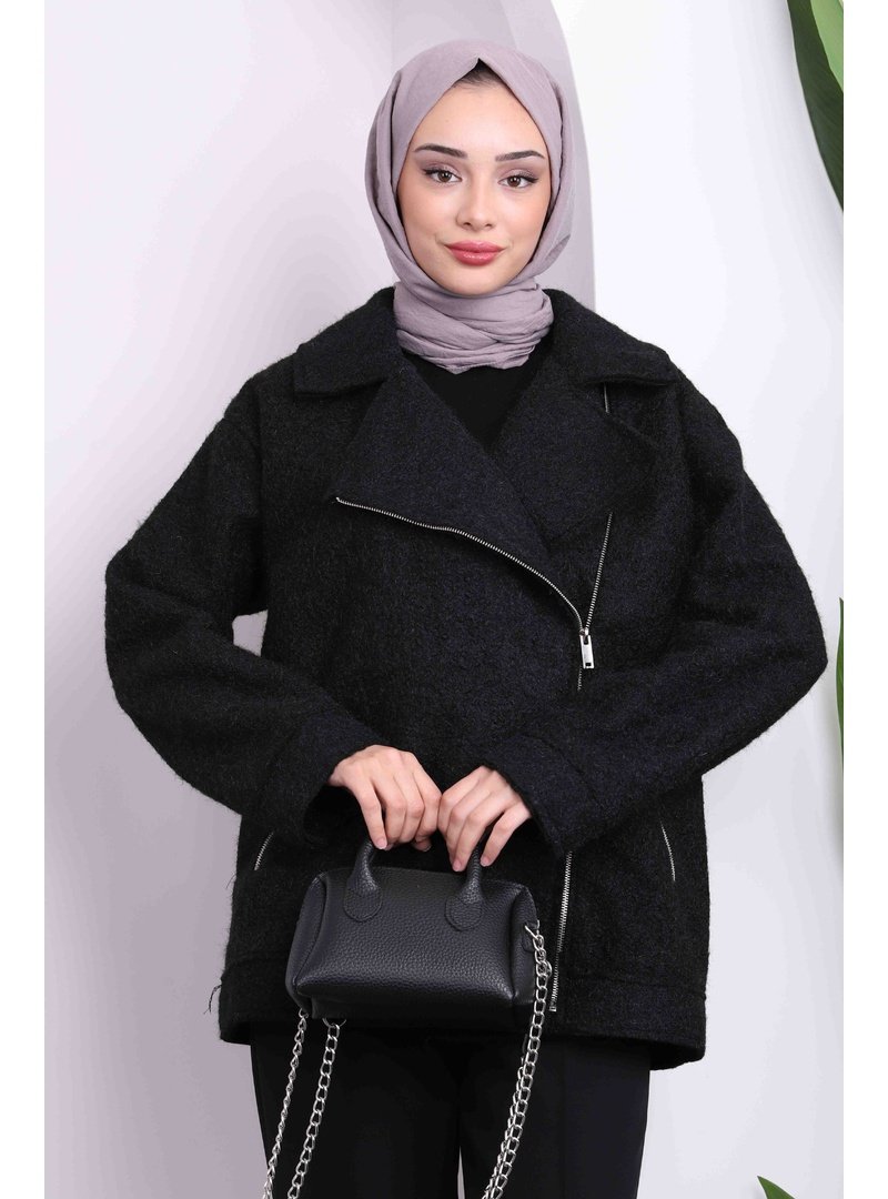 İmaj Butik Siyah Fermuarlı Kısa Kaşe Kaban