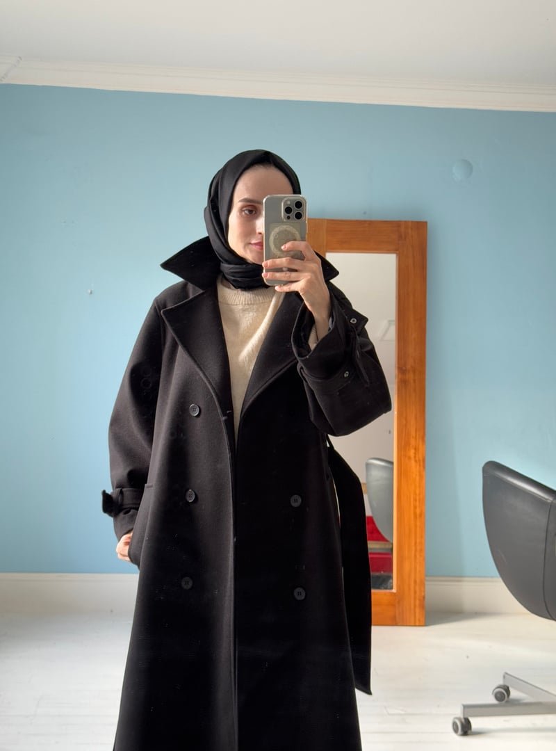 Mevra Siyah Uzun Kaşe Kaban