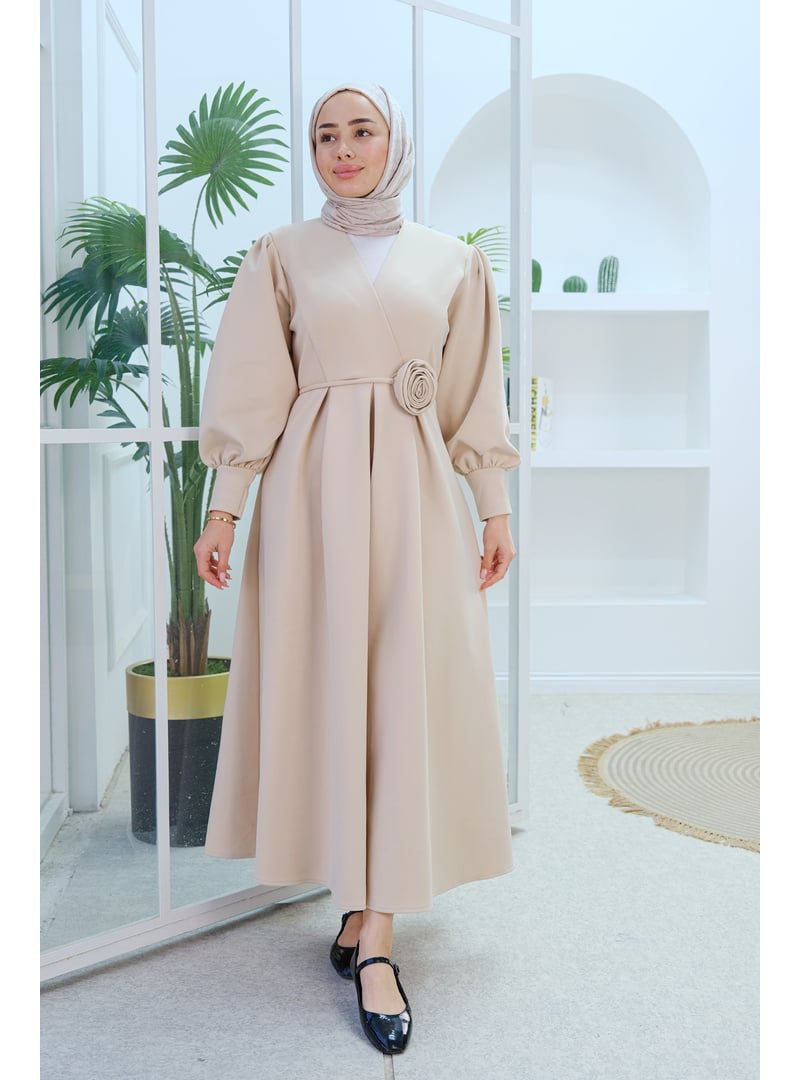 Locco Moda Krem Gül Kemerli Elbise