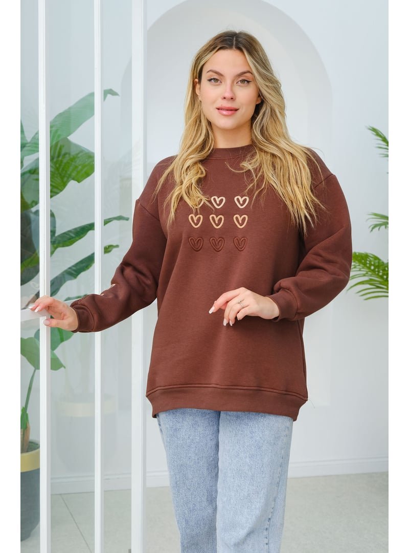 Locco Moda Kahverengi Kalp Nakışlı Sweat