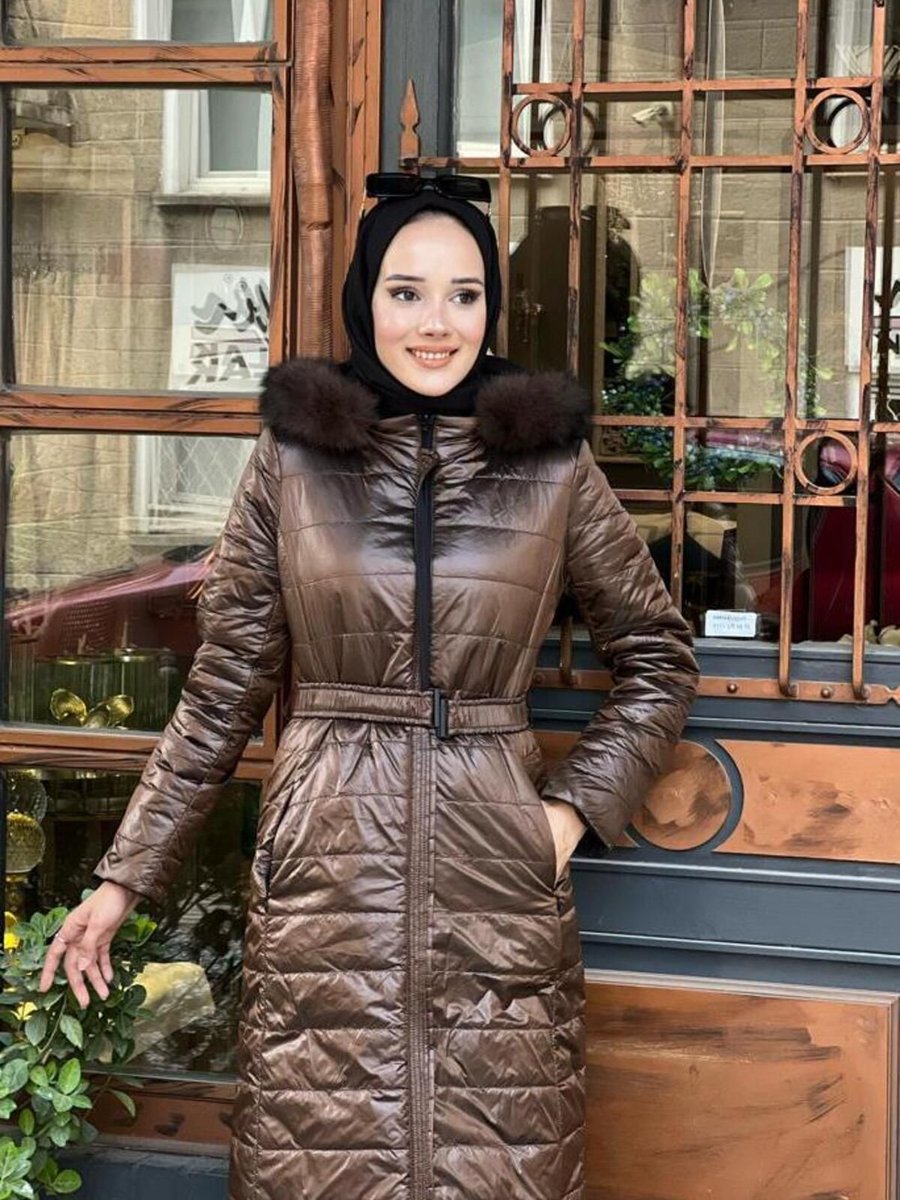 Outlet Belden Kemerli Kapitoneli Ncl Manto Bakır Siyah