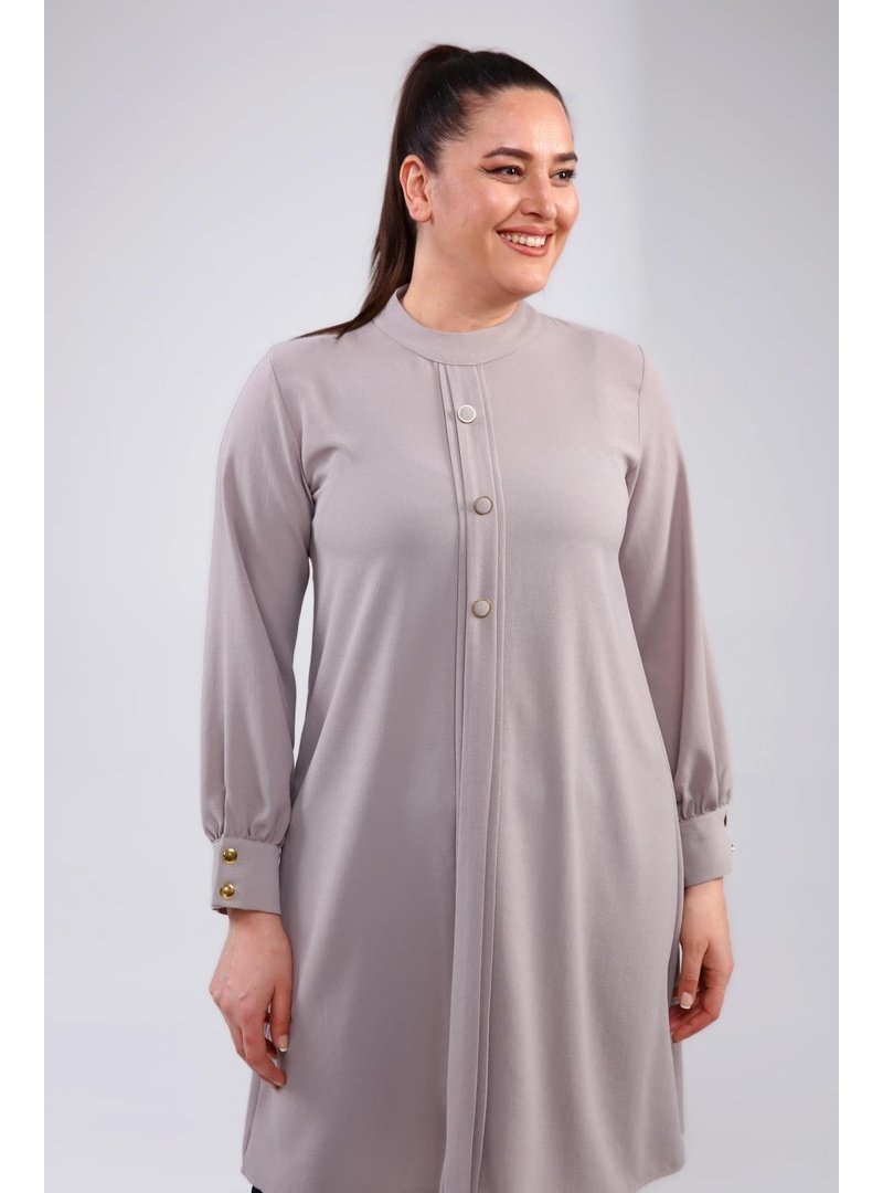 Ferace Gri Kadin Buyuk Beden Tesettur Tunik Düğmeli Ayrobin Kumaş