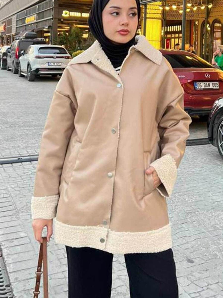 Neva Style Kürk Detaylı Bej Deri Ceket
