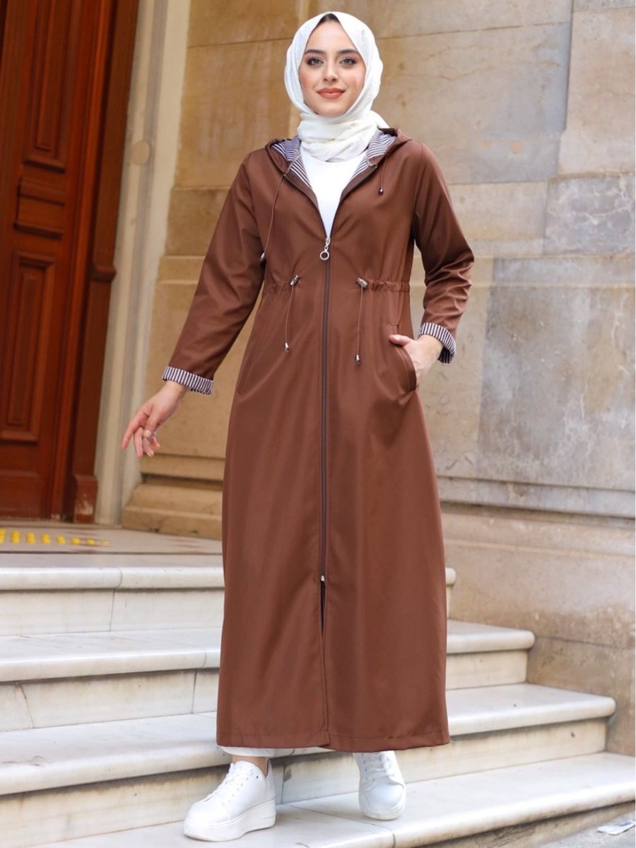 Alniss Collection Bileği Ve İçi Çizgili Kapüşonlu Tam Boy Uzun Trençkot