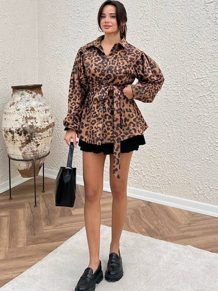 Moda Rosa Taba Leopar Desenli Suet Ceket