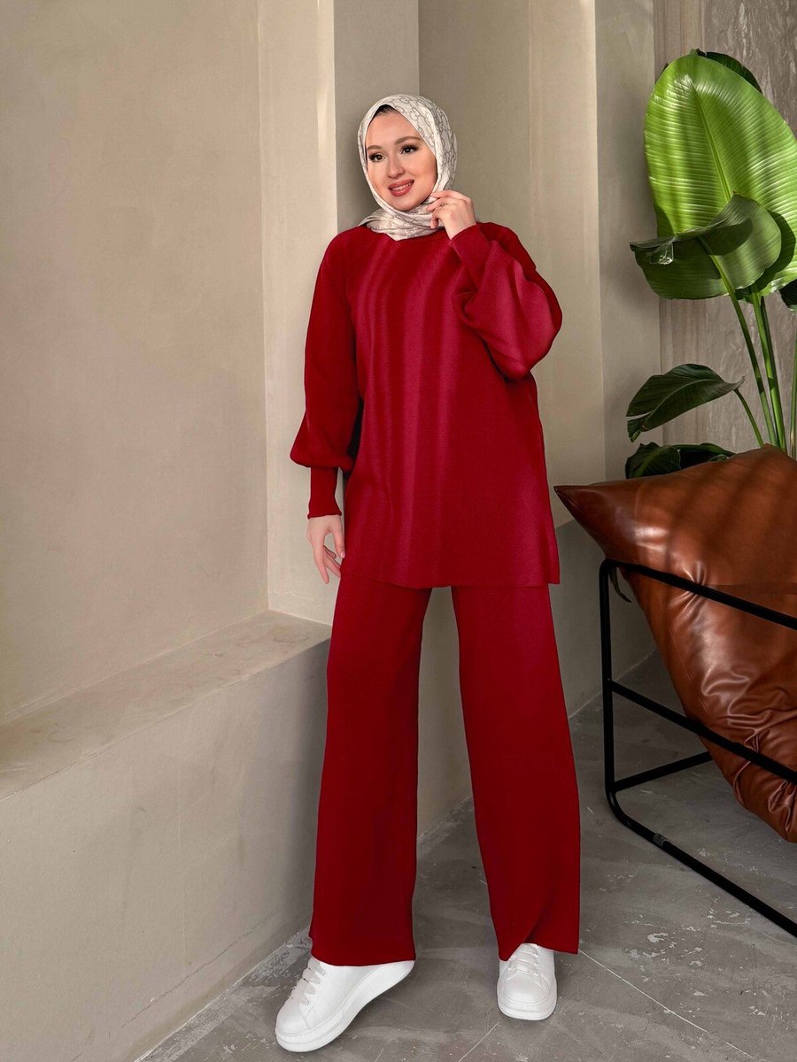 Rimel Moda Balon Kol Triko Takım Bordo
