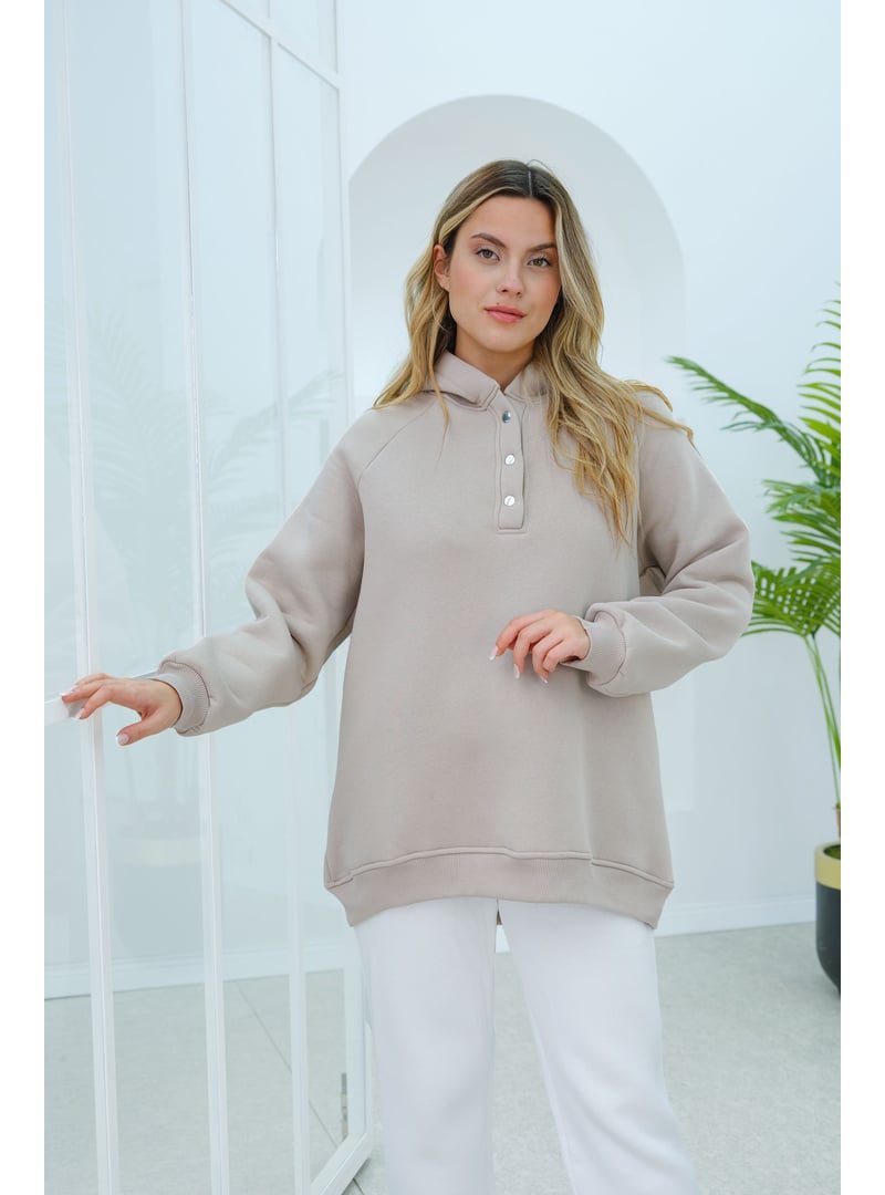 Locco Moda Krem Çıt Detay Kapüşonlu Sweat