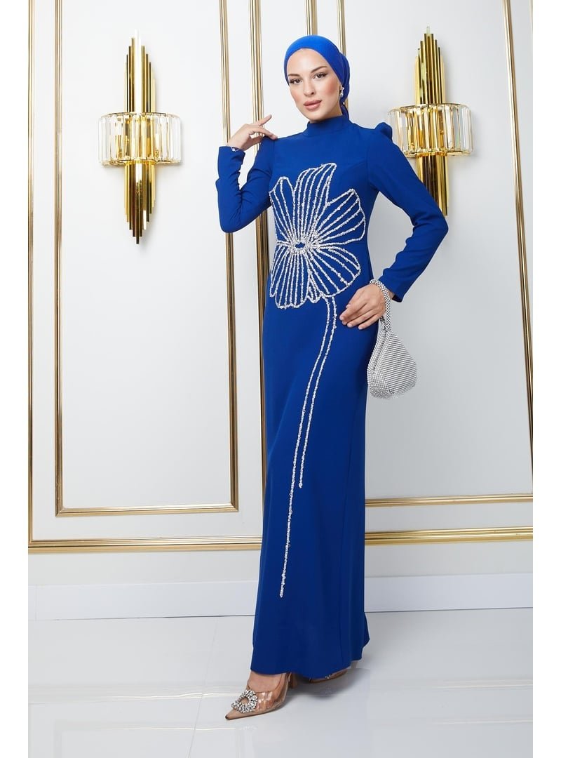 Olcay Önü Taş Ve Puldan Motif Desenli Krep Abiye Elbise Saks