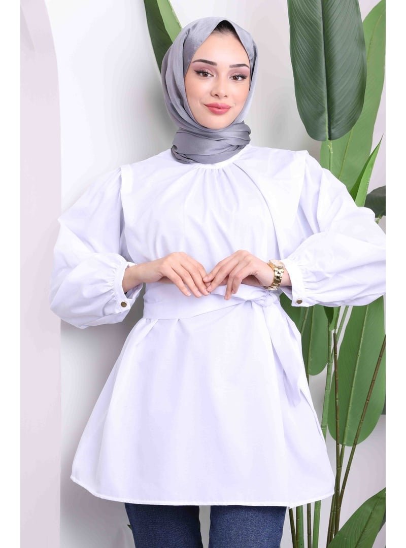 İmaj Butik Beyaz Omuz Detaylı Kuşaklı Tunik