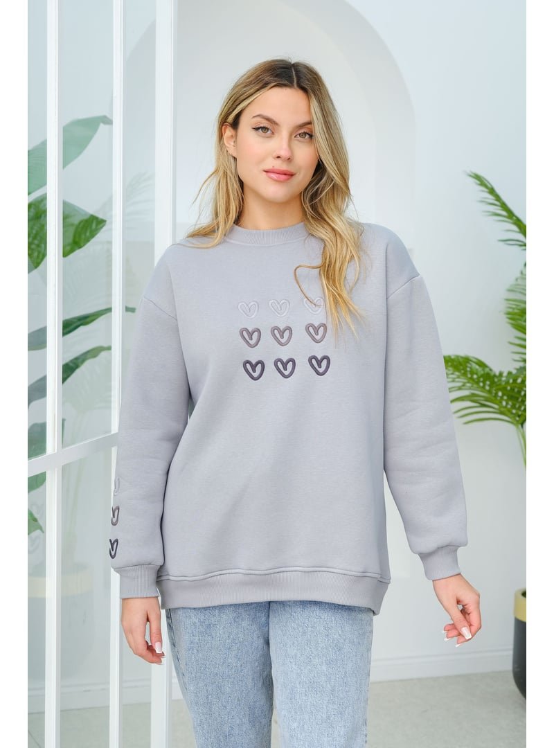 Locco Moda Gri Kalp Nakışlı Sweat