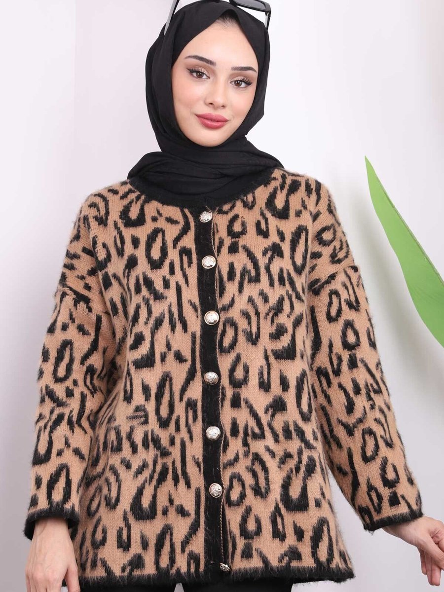 İmajbutik Vizon Leopar Desenli Düğmeli Hırka