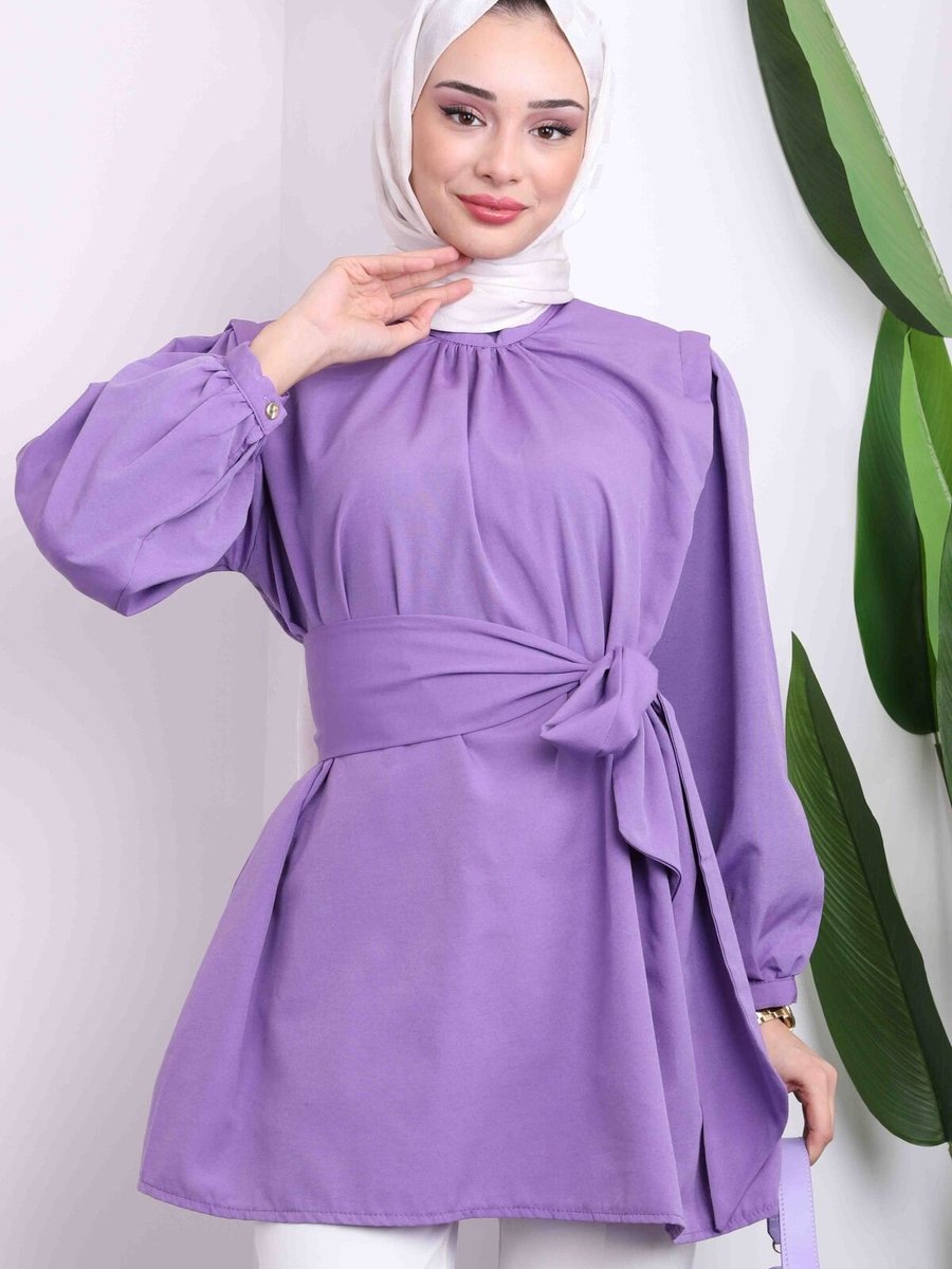 İmajbutik Mor Omuz Detaylı Kuşaklı Tunik