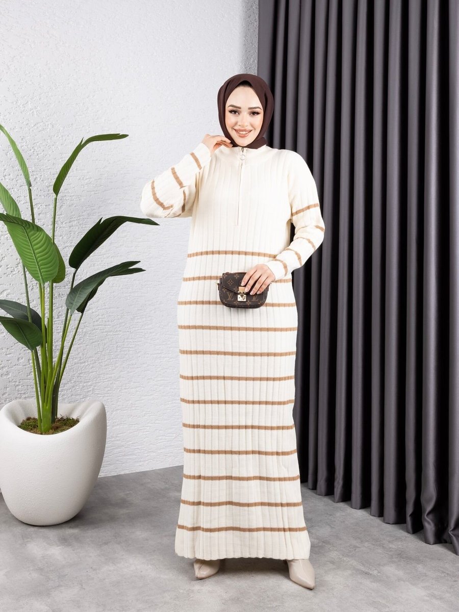 SFG Life Moda Vizon İnce Çizgili Dik Yaka Ve Fermuarlı Triko Elbise