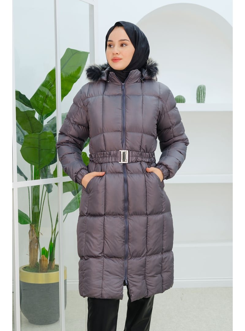 Locco Moda Gri Kare Desenli Şişme Mont