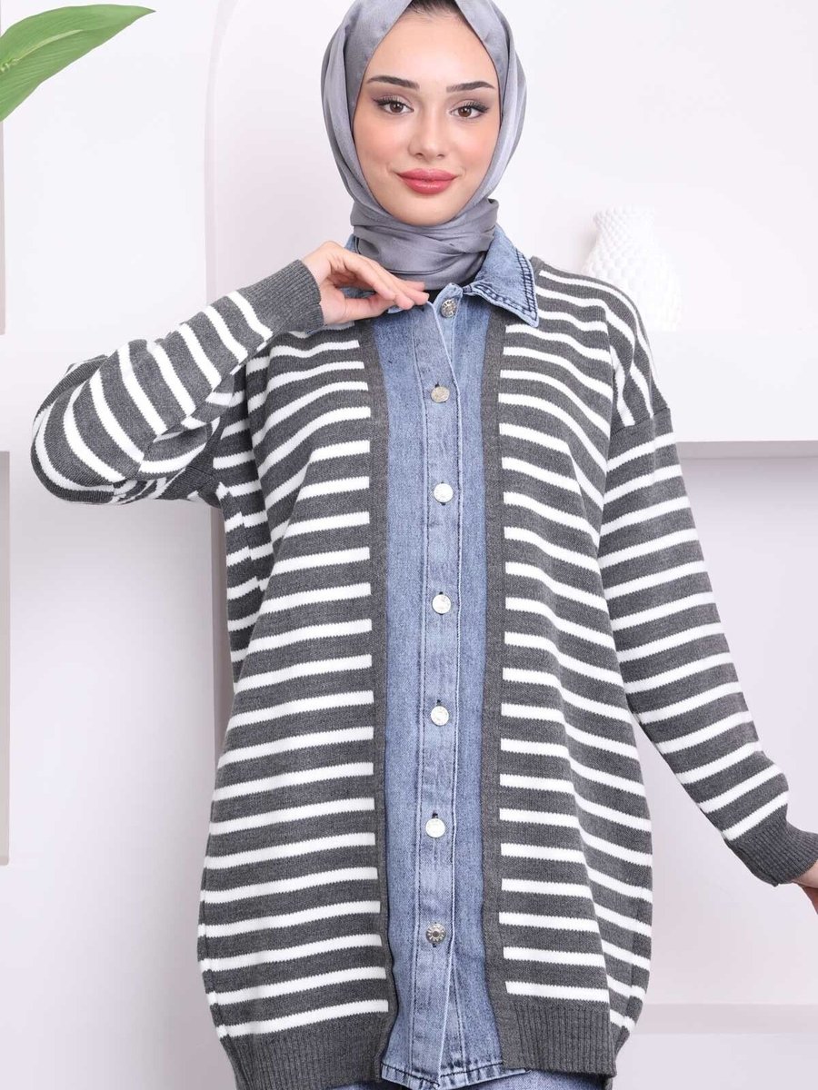 İmajbutik Füme Kot Detaylı Düğmeli Triko Hırka