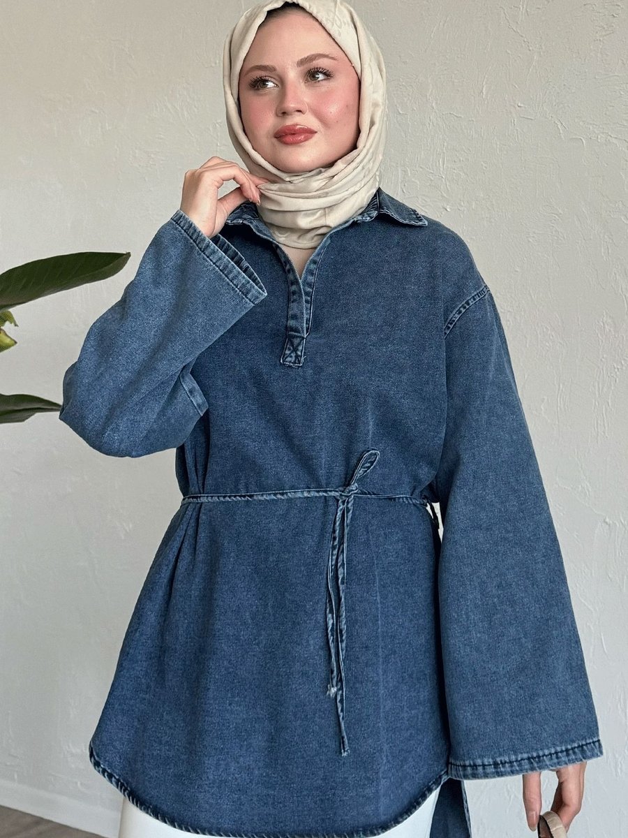 Instyle Geniş Kol İpli Mavi Kot Tunik
