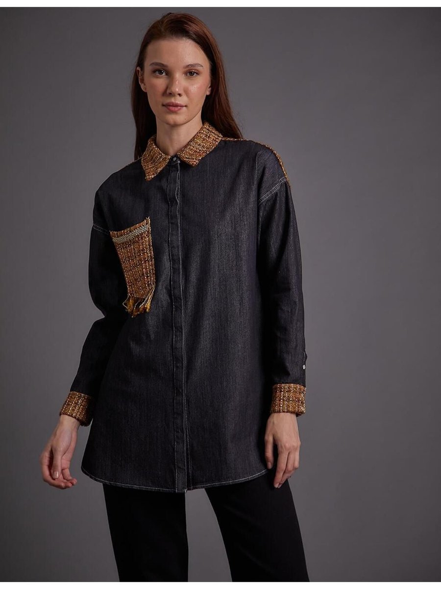 Kayra Tüvit Ve Denim Garnili Tunik Siyah