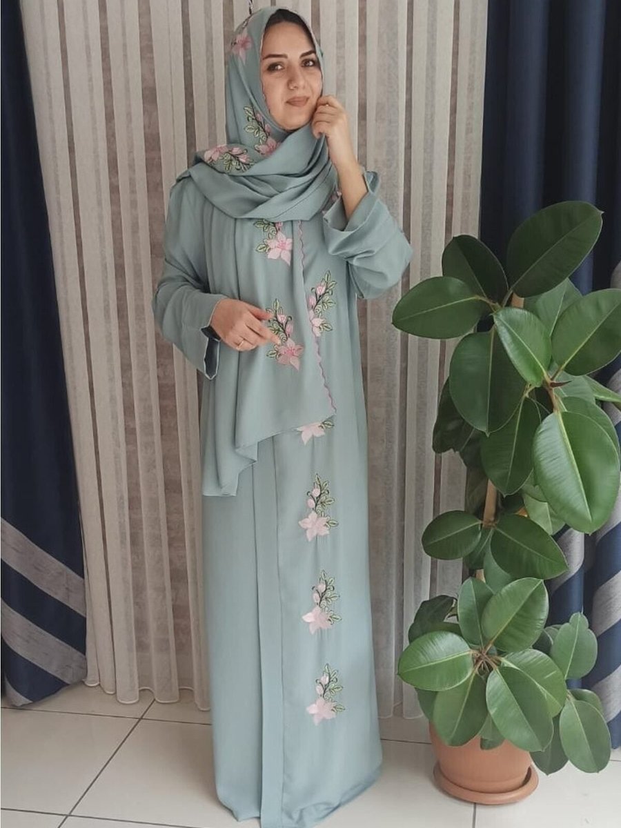 Misue Handmade Medine Ipeği Nakışlı Bağlamalı Elbisesi+şal, Ipek Sabahlık, Çeyizlik Namaz Elbisesi & Sabahlık